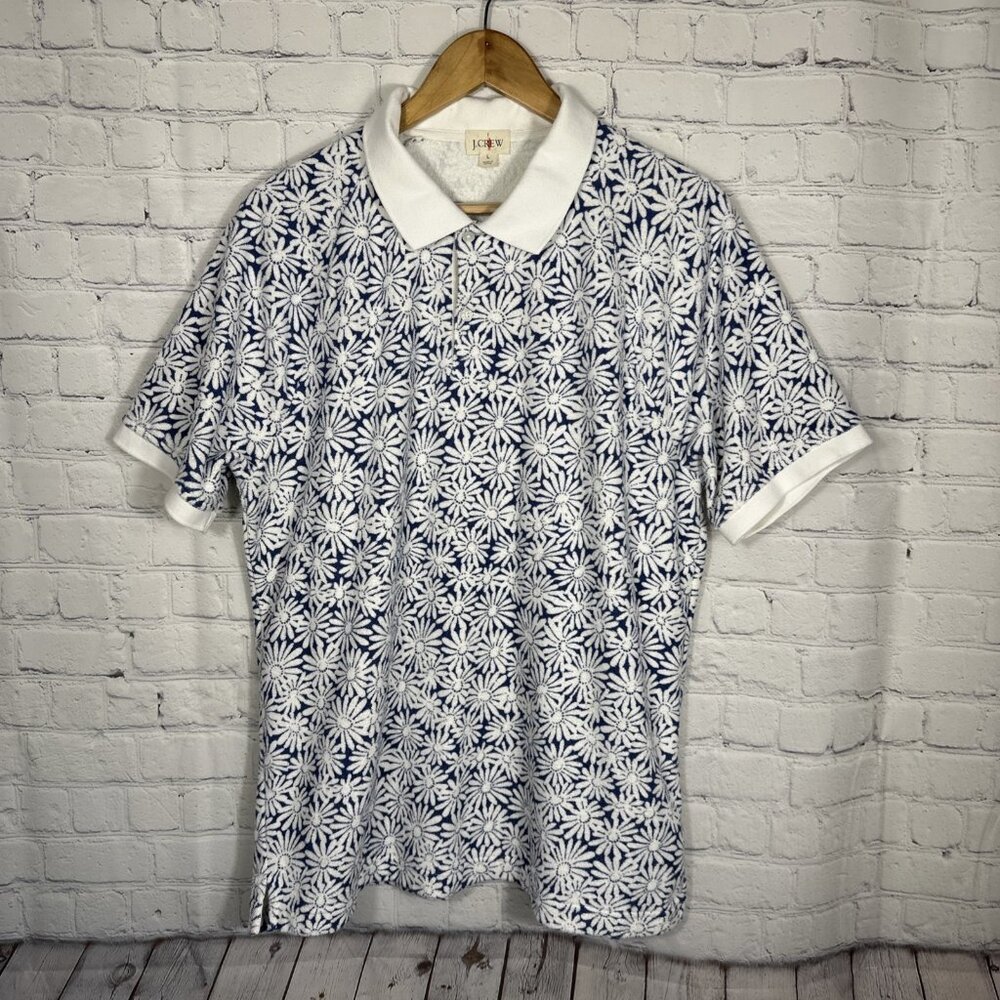 J Crew Polo Shirt Mens Large Blue White Floral Daisy Print Terry cloth Preppy